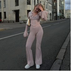 Floral Lace Long Sleeve High Waist Flared Trousers Set for Women Floral Lace Long Sleeve High Waist Flared Trousers Set for Women