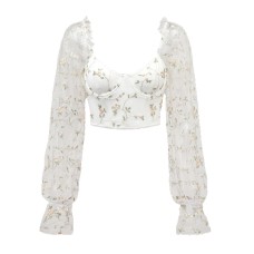 Embroidered patchwork perspective mesh low cut steel ring fishbone long sleeved top Embroidered patchwork perspective mesh low cut steel ring fishbone long sleeved top