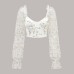 Embroidered patchwork perspective mesh low cut steel ring fishbone long sleeved top