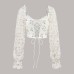 Embroidered patchwork perspective mesh low cut steel ring fishbone long sleeved top