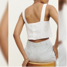 Style Pure Linen Sleeveless Tank Top Women's Summer Simple Large Pure Color Top Back Opening Button Belly-Baring Square Neck Strap