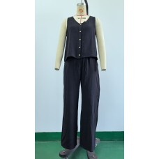 Sleeveless Buttoned Top with Casual Pocket Wide-Leg Pants Set for Women