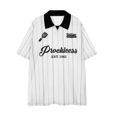 Color Block Letter Print Stripe Collar Short Sleeve T-Shirt Men Casual Loose Top