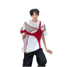 Color blocking short sleeved padded shoulder loose and stylish casual half sleeved top