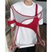 Color blocking short sleeved padded shoulder loose and stylish casual half sleeved top