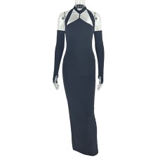 Pure Color Women's Slim Fit Pleated Backless Long Dress