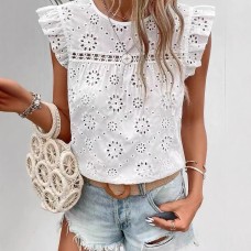 Cross-border Women's Summer New Round Neck Lace Solid Color Flutter Short Sleeve Top Cross-border Women's Summer New Round Neck Lace Solid Color Flutter Short Sleeve Top