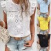Cross-border  Women's Summer New Round Neck Lace Solid Color Flutter Short Sleeve Top