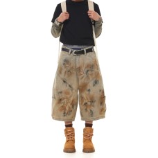 Retro dirty dyed denim wide leg seven quarter shorts with curved knife pants Retro dirty dyed denim wide leg seven quarter shorts with curved knife pants