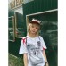 Color blocking patchwork jersey style V-neck short sleeved design loose top