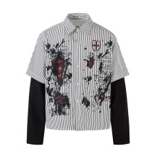Print Stripe Fake Two-Piece Loose Long Sleeve Top for Men and Women Print Stripe Fake Two-Piece Loose Long Sleeve Top for Men and Women