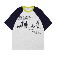 Retro Colorblock Raglan Sleeve Pure Cotton Short Sleeve T-Shirt Unisex Summer Couple Loose Casual Half Sleeve Top