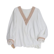V-neck White Shirt with Lace Splicing Loose Long-sleeved Top