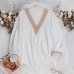 V-neck White Shirt with Lace Splicing Loose Long-sleeved Top