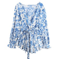 Long Sleeve Women's Top Printed V-Neck Shirt Belted Slimming Elegant Loose Blouse
