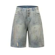 Washed Faded Splatter Hole Design Denim 7/8 Pants Unisex Loose Straight Casual Mid-Length Trousers