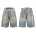 Washed Faded Splatter Hole Design Denim 7/8 Pants Unisex Loose Straight Casual Mid-Length Trousers