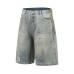Washed Faded Splatter Hole Design Denim 7/8 Pants Unisex Loose Straight Casual Mid-Length Trousers