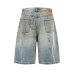 Washed Faded Splatter Hole Design Denim 7/8 Pants Unisex Loose Straight Casual Mid-Length Trousers