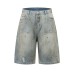 Washed Faded Splatter Hole Design Denim 7/8 Pants Unisex Loose Straight Casual Mid-Length Trousers