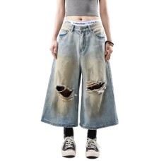 Hiphop washed ripped design loose cropped pants