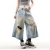Hiphop washed ripped design loose cropped pants
