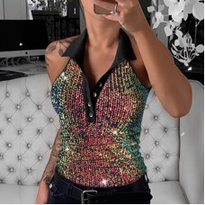 Cross-border New Summer Fitted Sequined Collared Sleeveless Top for Women