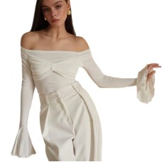 One-Shoulder Bowknot Long Sleeve Ruffle Flare Sleeve Solid Color Top