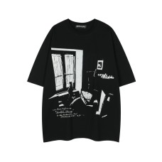 Retro Lonely Cat Print Round Neck Short Sleeve T-Shirt Unisex  Loose Casual Couple Half Sleeve Top