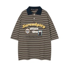 Retro Stripe Letter Heavy Embroidery Turn-Down Collar Short Sleeve T-Shirt Men's  Loose Casual Couple Top