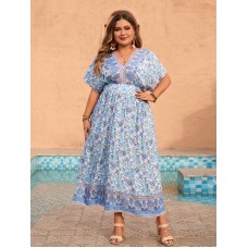 Loose Plus Size Dress with Print Short Sleeve V-Neck Long Dress