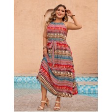Real Photo  Dress Print New Large Size Women's Spring and Summer  Halter Sleeveless Dress