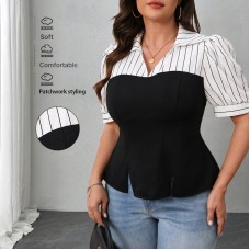 Style Women's Striped Splicing Top Summer Thin Short Sleeve Top