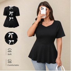Black Round Neck Short Sleeve Bow Tie Top for Women
