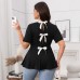 Black Round Neck Short Sleeve Bow Tie Top for Women