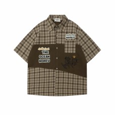 Color Block Cartoon Letter Embroidery Short Sleeve Shirt Unisex Loose Casual Versatile Couple Shirt