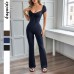Short Sleeve Slim Long Pants Jumpsuit for Women