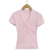Slim Fit V-Neck Cross-Waist Short Sleeve Top
