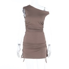 Elegant Off-the-Shoulder Sleeveless Drawstring Bodycon Dress Waist-Cinching Mini Skirt