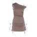 Elegant Off-the-Shoulder Sleeveless Drawstring Bodycon Dress Waist-Cinching Mini Skirt