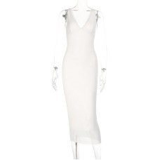 V-neck Lace Trim Sexy Fitted Camisole Dress Backless Long Dress