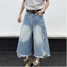Ripped denim straight leg loose wide leg cropped pants