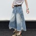 Ripped denim straight leg loose wide leg cropped pants