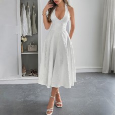 Elegant Evening Dress with Hanging Neck and Waistband Long Skirt Women's Dress