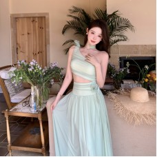 Design Sense Off-the-Shoulder Pure Desire Waist-Cinching Halter Dress Women's Beach Vacation Waist-Baring Short Dress