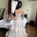 Cherry Blossom Pink French Floral Dress Fitted Waist Sheer Chiffon Vacation Strapless Dress