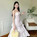Cherry Blossom Pink French Floral Dress Fitted Waist Sheer Chiffon Vacation Strapless Dress