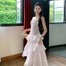 Cherry Blossom Pink French Floral Dress Fitted Waist Sheer Chiffon Vacation Strapless Dress