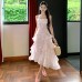Cherry Blossom Pink French Floral Dress Fitted Waist Sheer Chiffon Vacation Strapless Dress