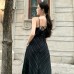 French Vintage Style V-Neck Ink Striped Loose Strapless Dress Women Summer Waist-Cinching Slimming Long Dress